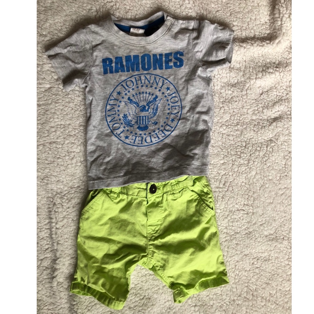 H&M 4-6 month Ramones tee and lime shorts